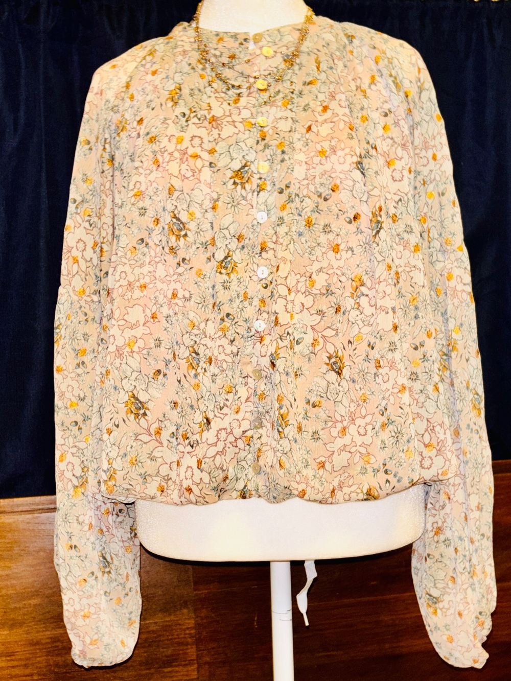 Fate Beige Floral Button-Down Blouse with Yellow/Pink Accents